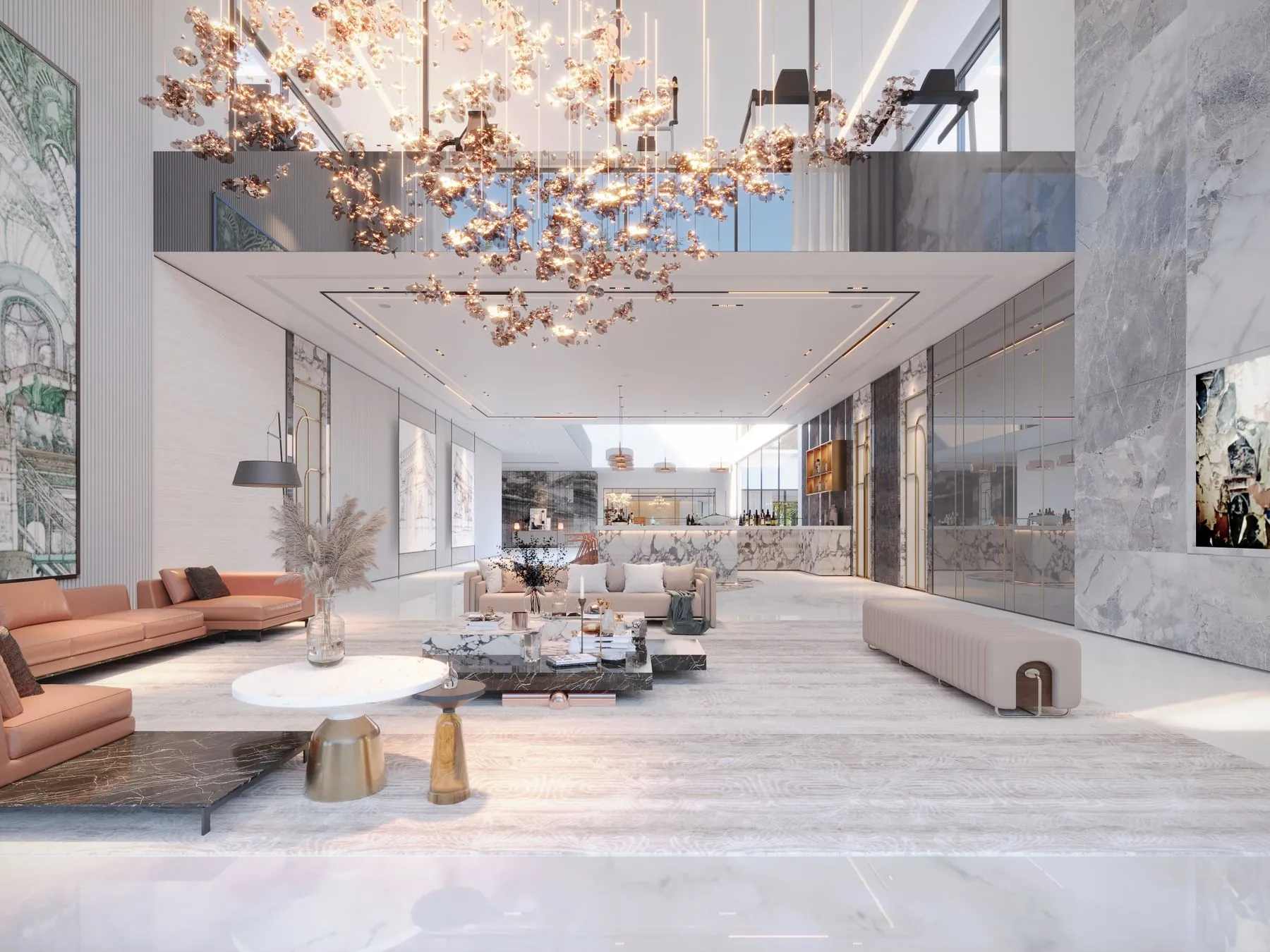 An opened-up main floor where the kitchen, dining and living areas run together under a double-height ceiling