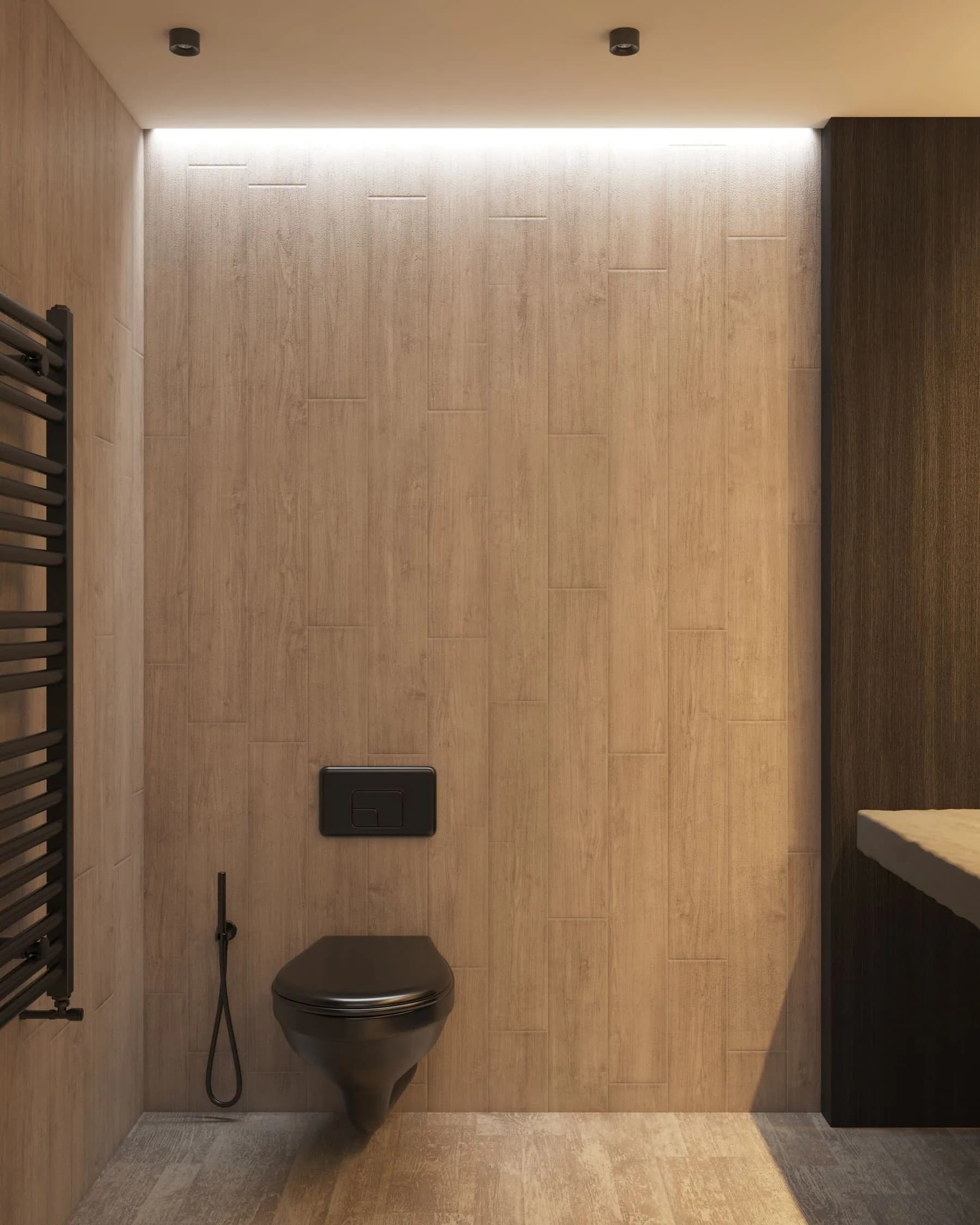 Ensuite with a curbless glass shower, linear drain and honed stone bench