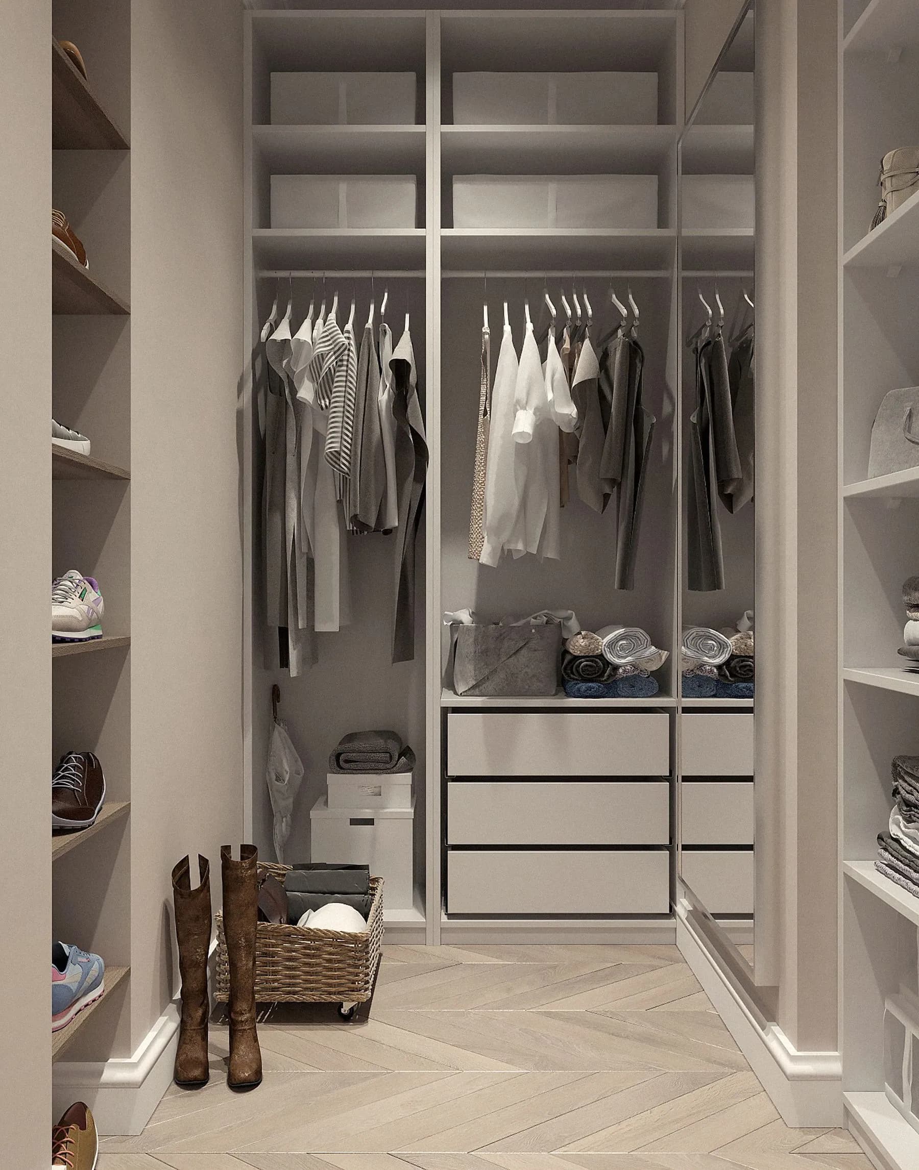 Centre island built as a handleless drawer bank under a 20mm mitred quartz top