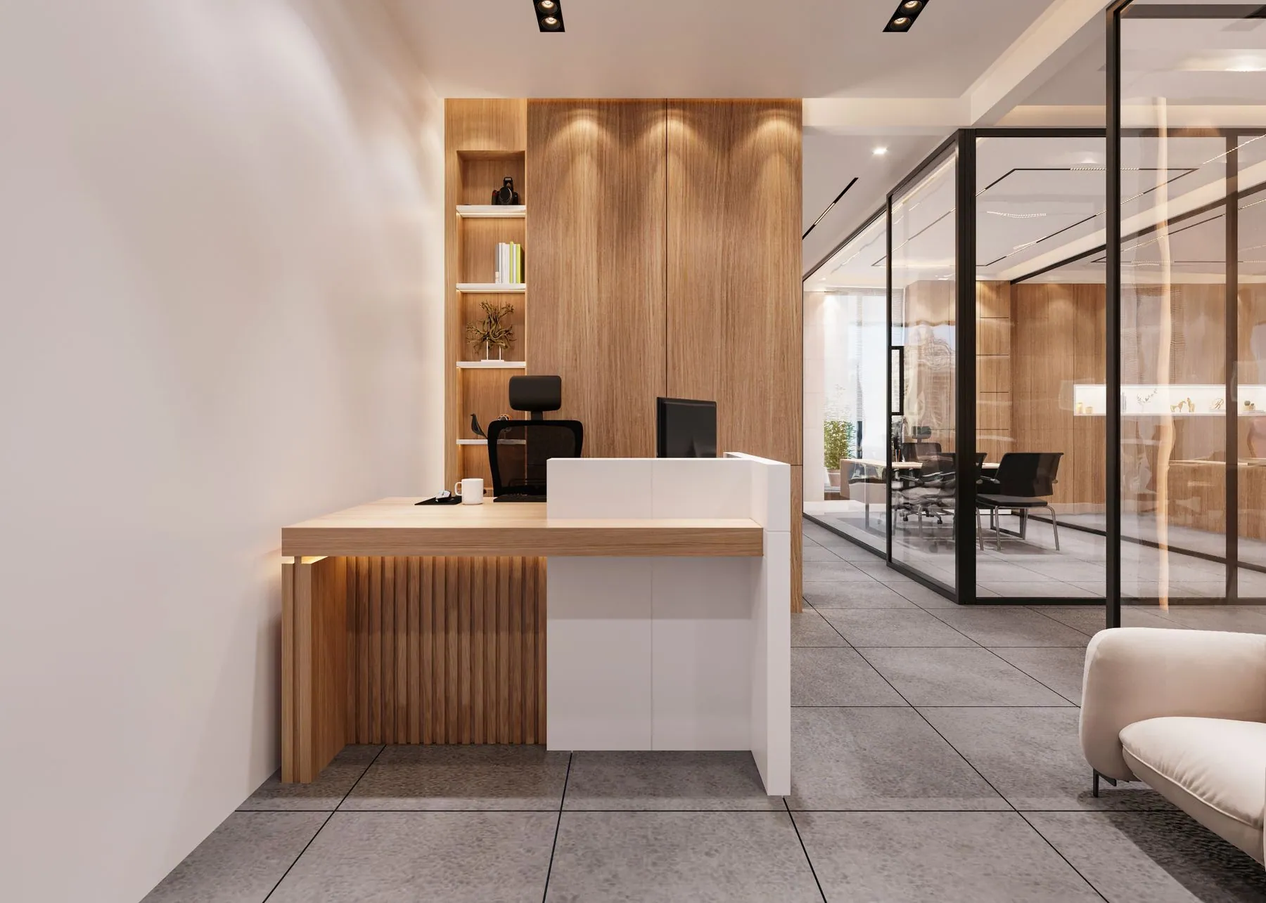 Office reception desk with a fluted oak base, white slab transaction counter and a veneered wall behind