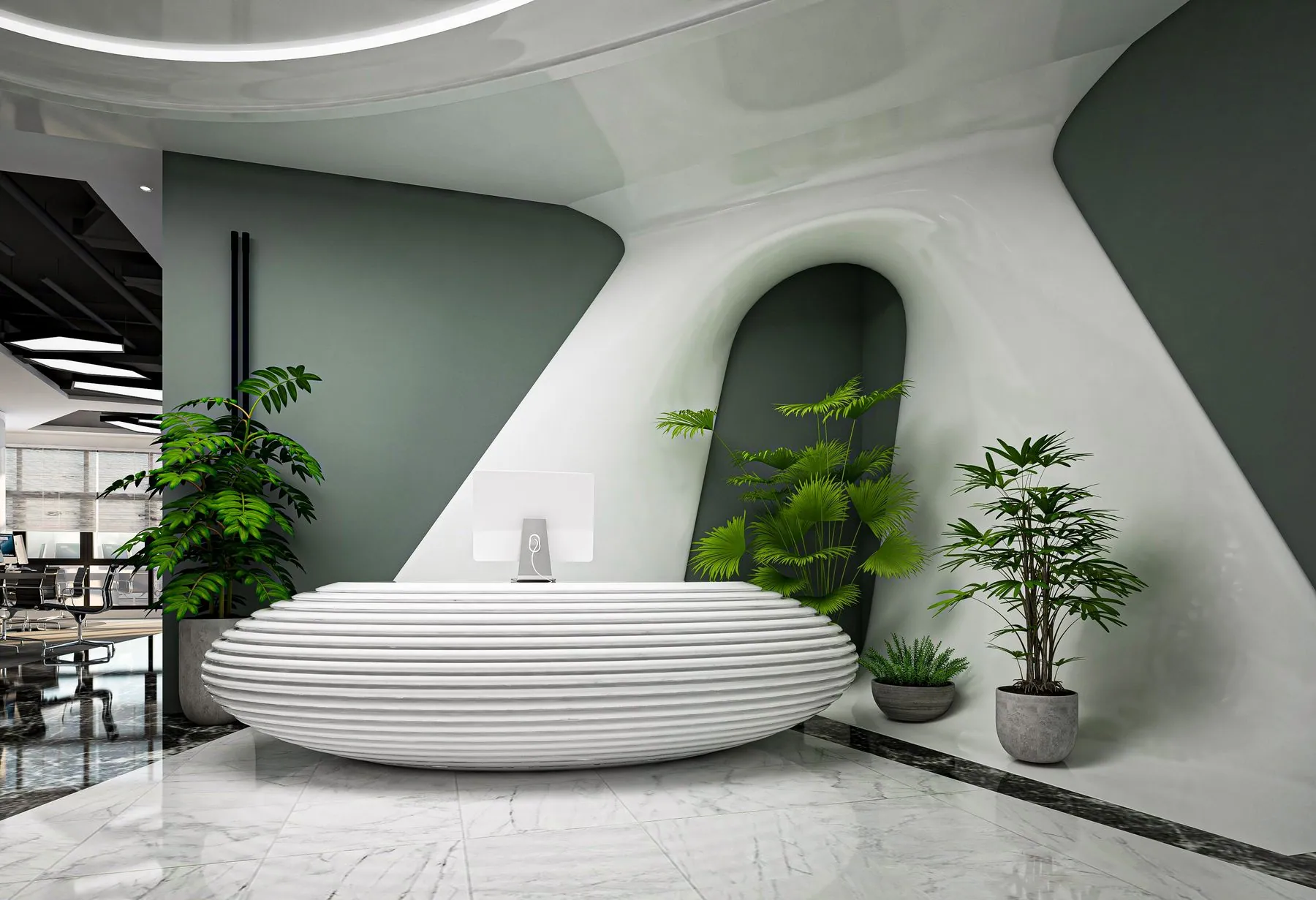Sculptural reception desk with a ribbed white front in an office lobby