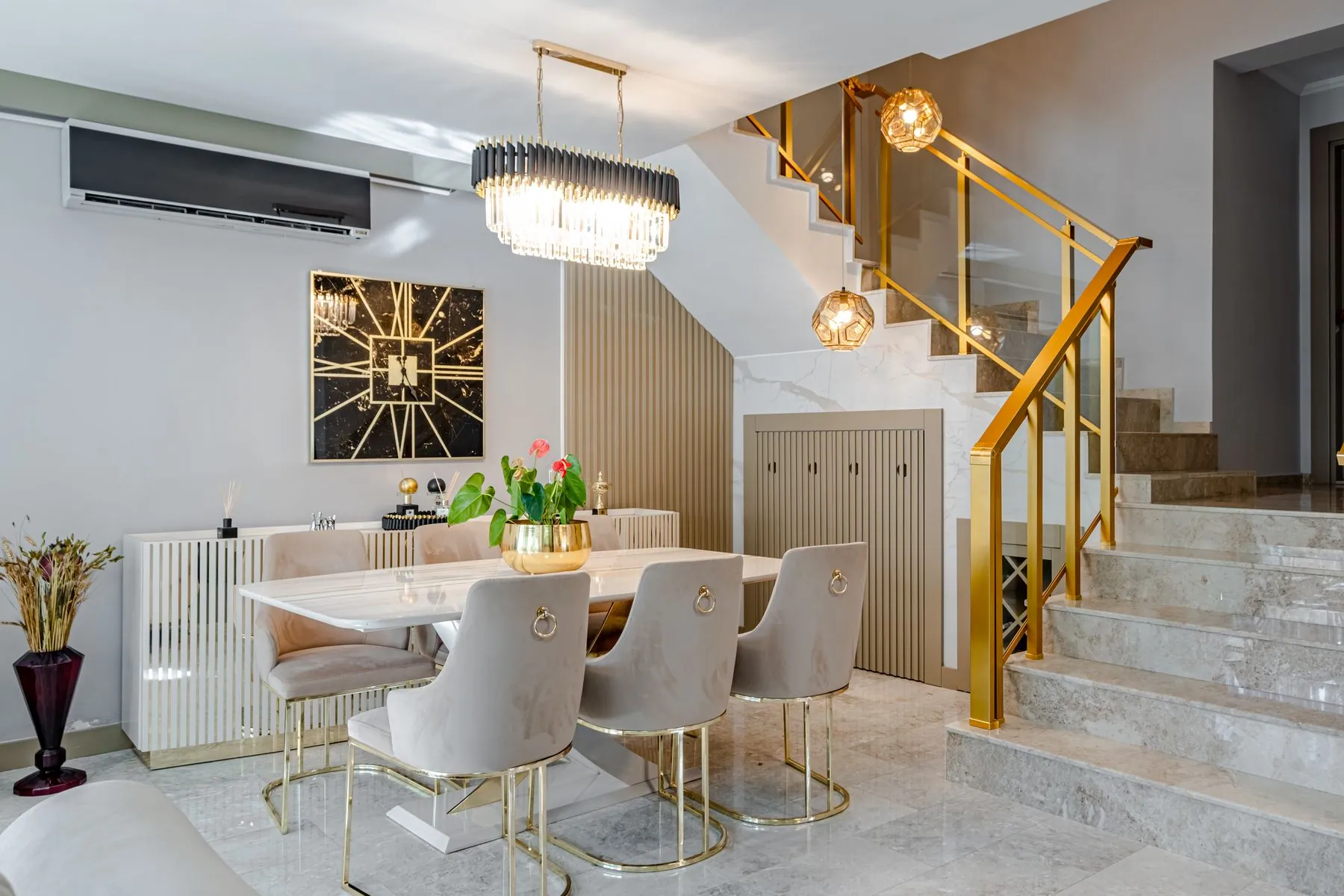 Dining room with a ribbed-front sideboard and a slatted tall cabinet in a soft stone colour