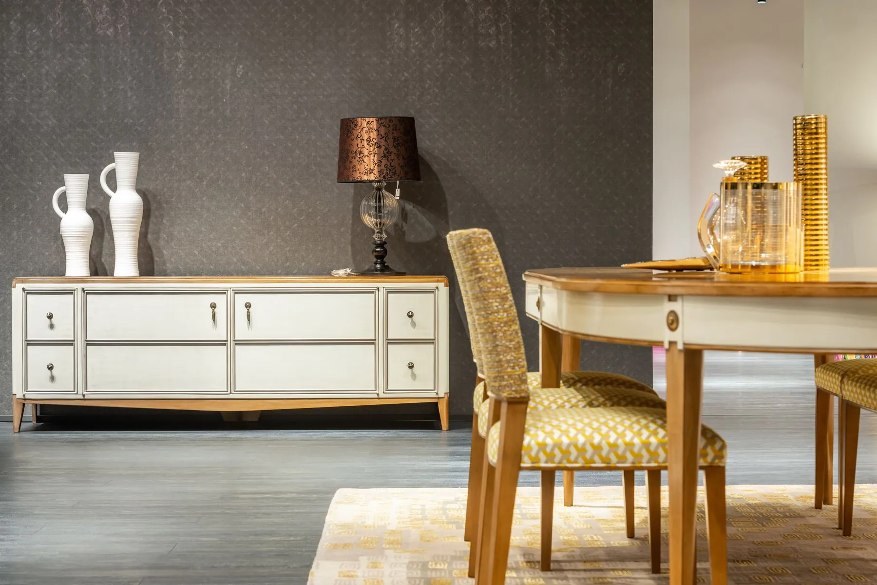 Painted sideboard with a solid oak top and antique-bronze drop pulls, built in a traditional profile on request