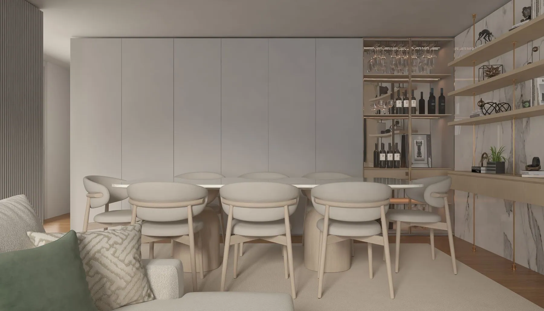 Dining room with a full-height handleless storage wall in warm grey and a glass-fronted bar cabinet beside it