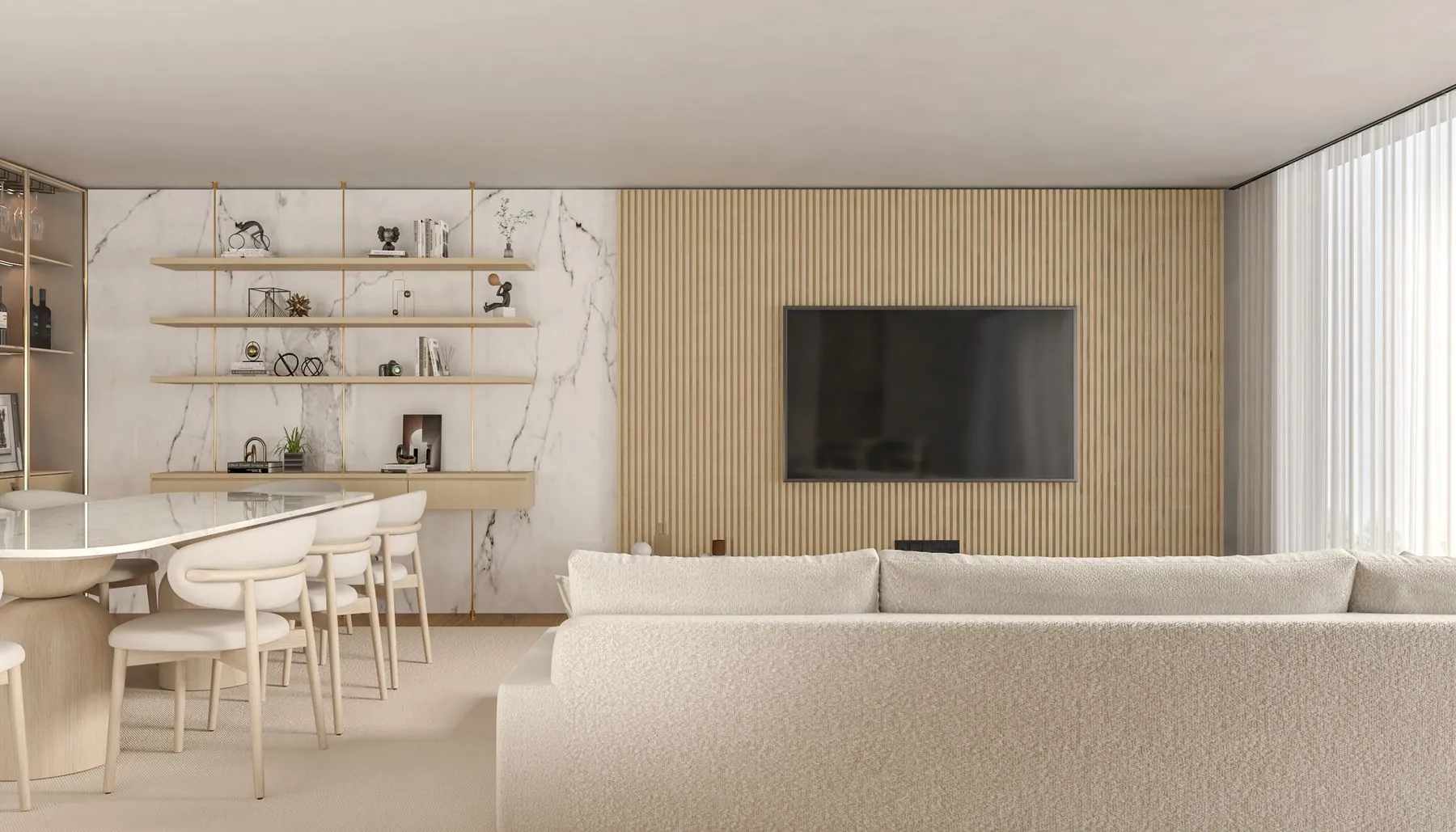 Floating console in rift-cut oak veneer with grommeted cable access and a grille-cloth centre speaker bay